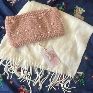 Brand New Jessica Simpson Pink Pearl Earband Headband & Cejon Cream Scarf Set